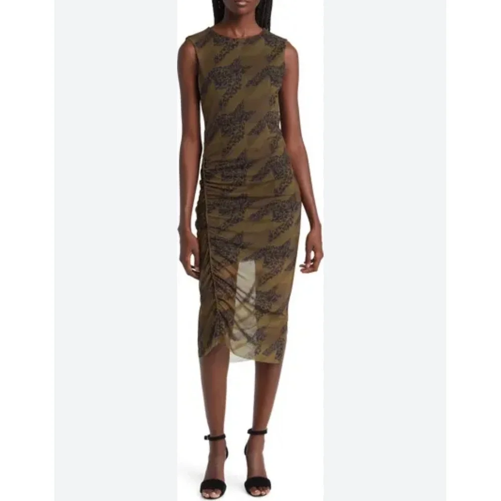 AllSaints Women Olive Green Mesh Houndstooth Floral Ruched Midi Dress US 10 - Picture 1 of 7